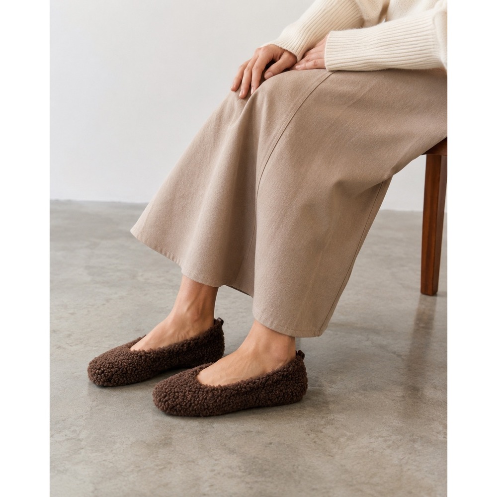 New Flattered Nina Faux Teddy‎ Flat Brown Faux Fur Ballet Shoes EU 41 US 10.5